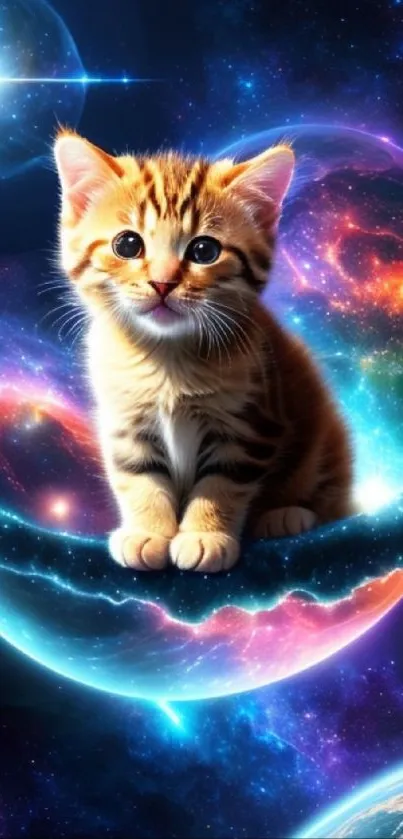 Adorable kitten sitting in a vibrant cosmic scene with swirling galaxies.