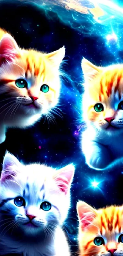 Four adorable kittens float against a cosmic, starry blue and orange background.