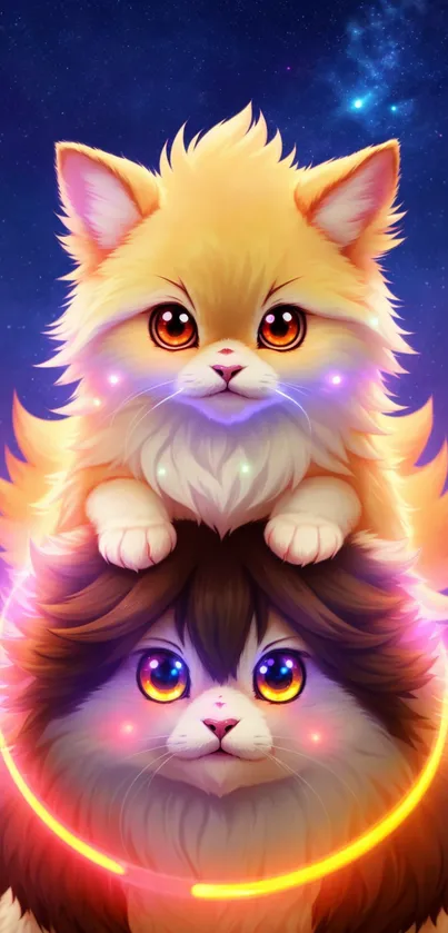 Adorable cosmic kittens in vibrant colors and glowing rings.