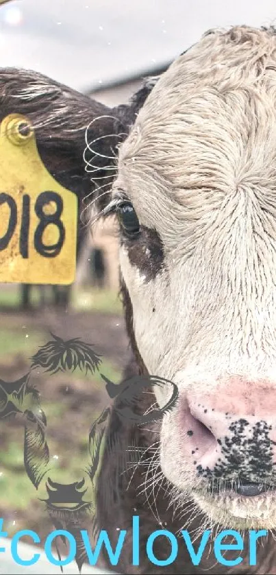 Curious calf with a yellow ear tag in a rustic farm setting.