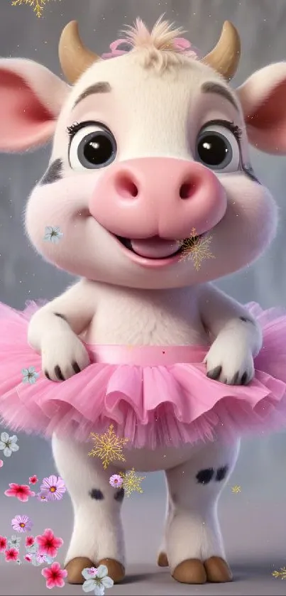 Cartoon cow in pink tutu with floral backdrop.