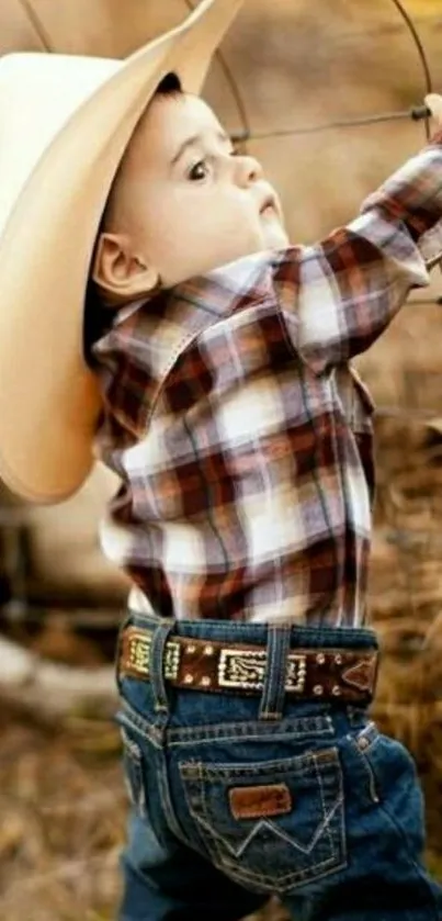 Adorable child in cowboy hat and plaid shirt, leaning on a fence.