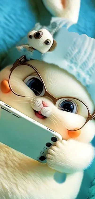 Cute white bunny with glasses holding a smartphone, wearing a blue hat.