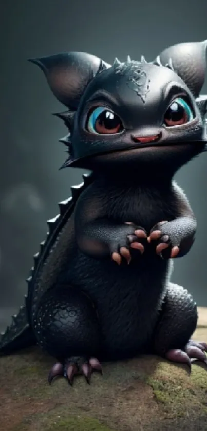 Cute, black creature with large eyes on a rock.