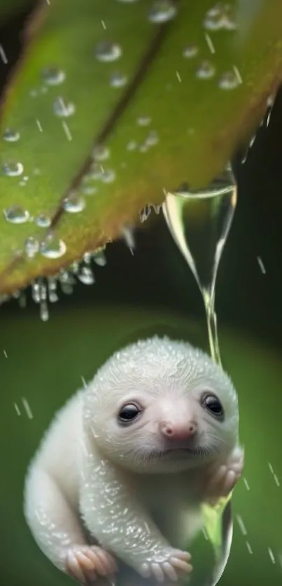 Adorable creature nestled under a dewy leaf drop in nature.