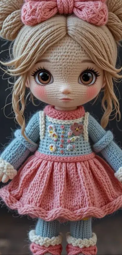 Adorable crochet doll in pink and blue outfit with bow.