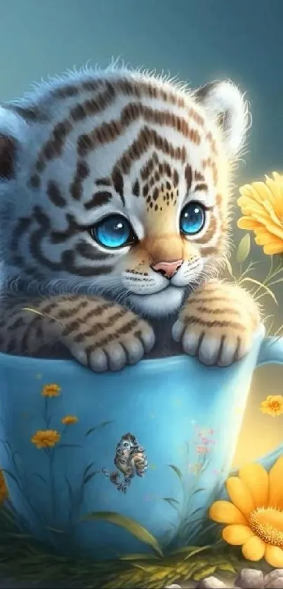 Cute tiger cub in a teacup with yellow flowers around.