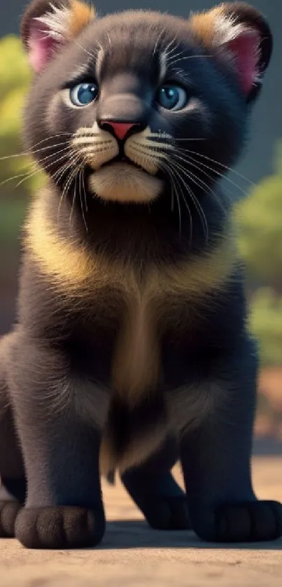 Adorable animated cub sitting with bright eyes in a natural setting.