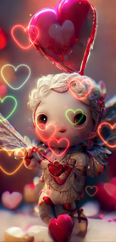 Adorable cupid-themed mobile wallpaper with pink hearts and wings.