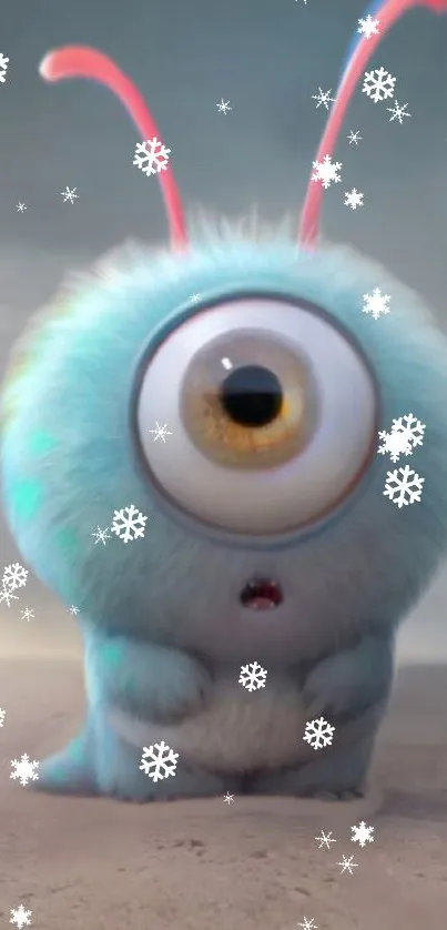 Cartoon cyclops with a fluffy blue coat and snowflakes.