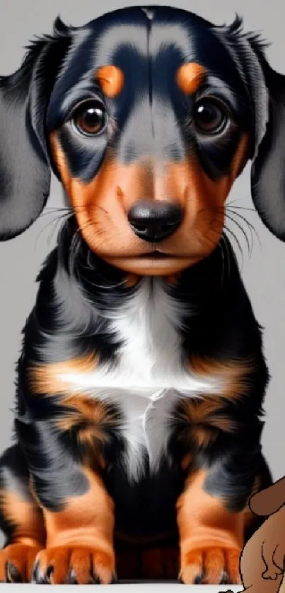 Cartoon Dachshund puppy with big eyes in a whimsical style.