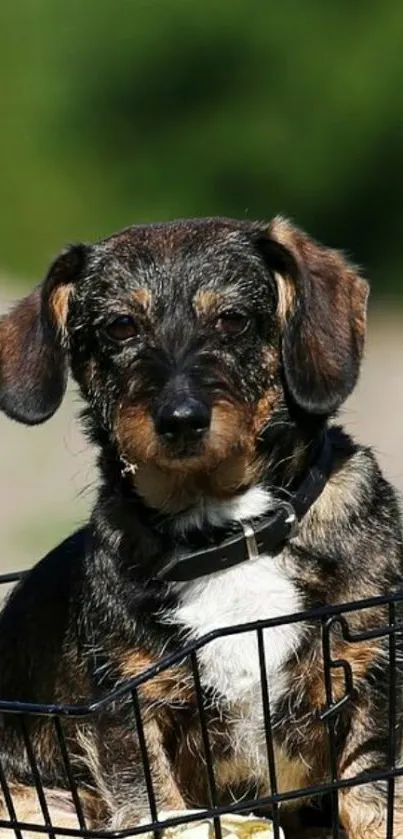 Cute dachshund sitting in a wire basket with a green backdrop.