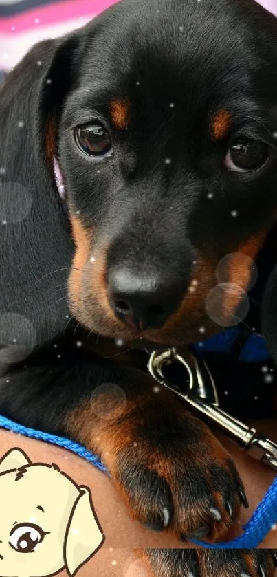 Cute Dachshund puppy on a striped background with cartoon dog.