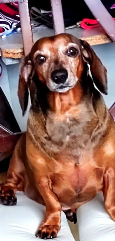 Adorable dachshund sitting on a chair with a warm background.