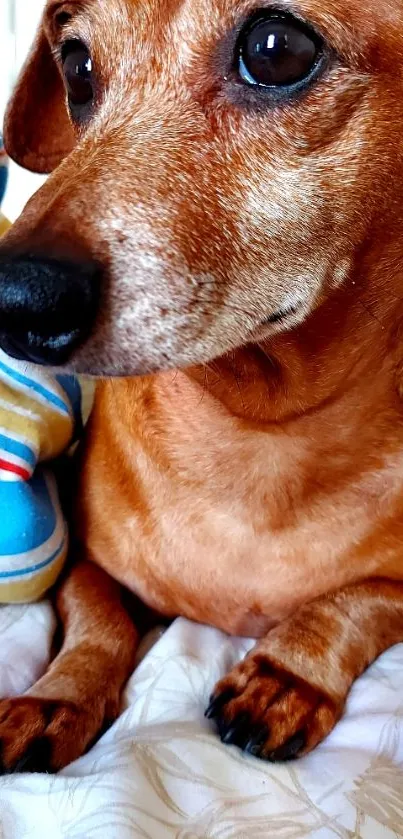 Cute brown dachshund lying on bed with a toy.