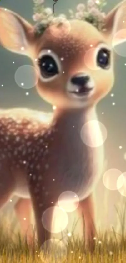 Cute baby deer in a whimsical, dreamy forest setting.