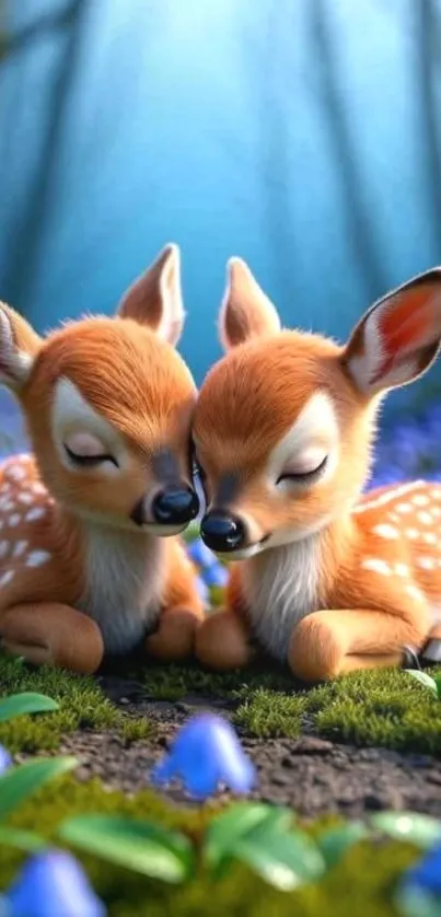 Two adorable deer nestled in a green forest setting.