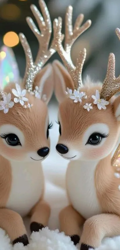 Two adorable deer with floral antlers in a fantasy setting.