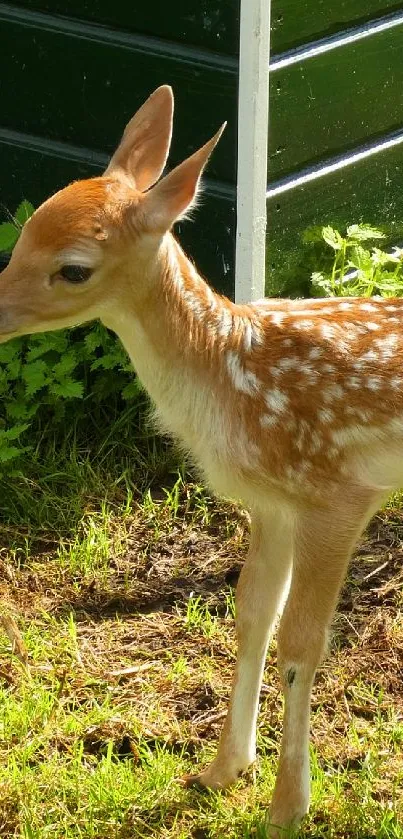 A playful fawn stands in a sunlit meadow, surrounded by lush green grass.