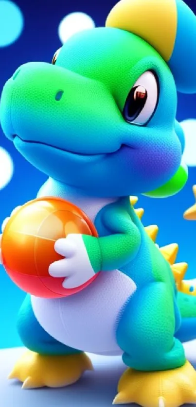 Adorable cartoon dinosaur holding a colorful ball.