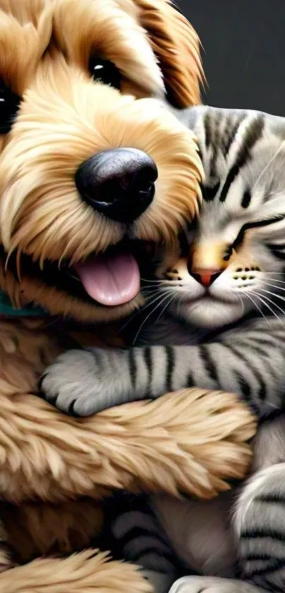 Cute dog hugging a sleepy cat. Perfect phone wallpaper.