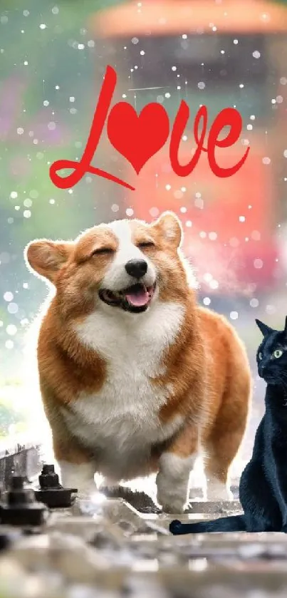 Adorable corgi and cat on railway with a love motif.