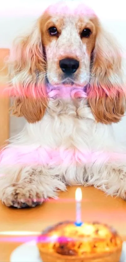 Adorable dog sits behind a birthday cake with a candle.