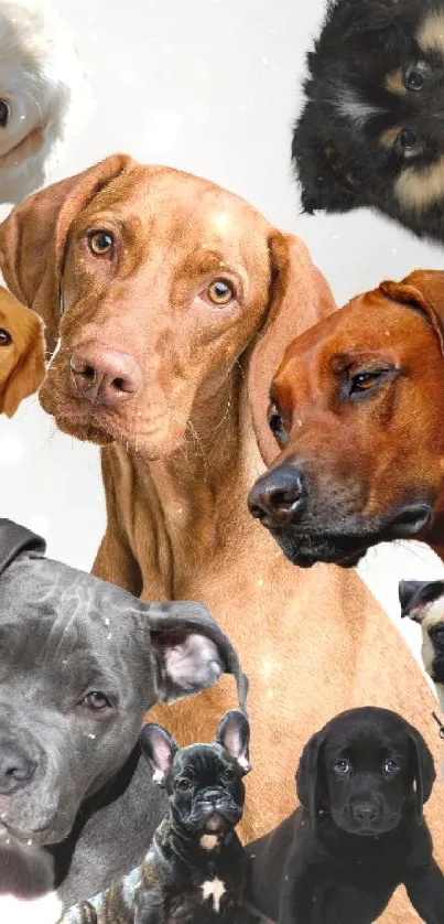 A delightful collage of various dog breeds on a mobile wallpaper.