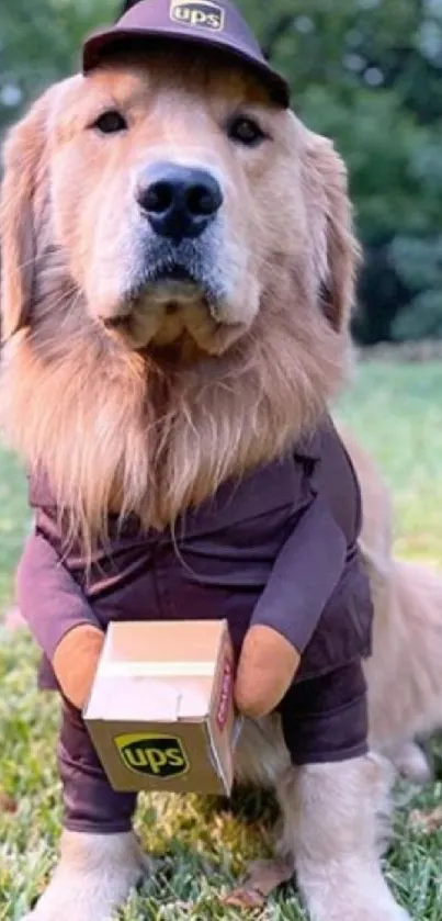 Golden retriever in courier costume at park.