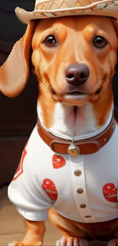 Dog in cowboy outfit, cute mobile wallpaper with playful theme.