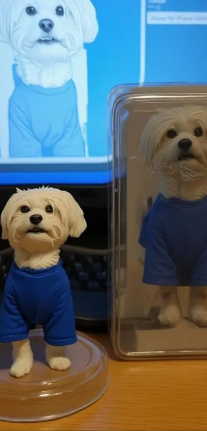 Cute dog figurine in blue shirt displayed on desk.