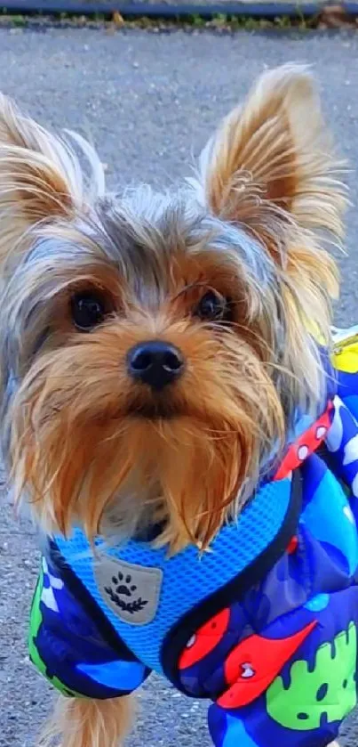 Cute dog in a vibrant, colorful sweater walking outdoors.