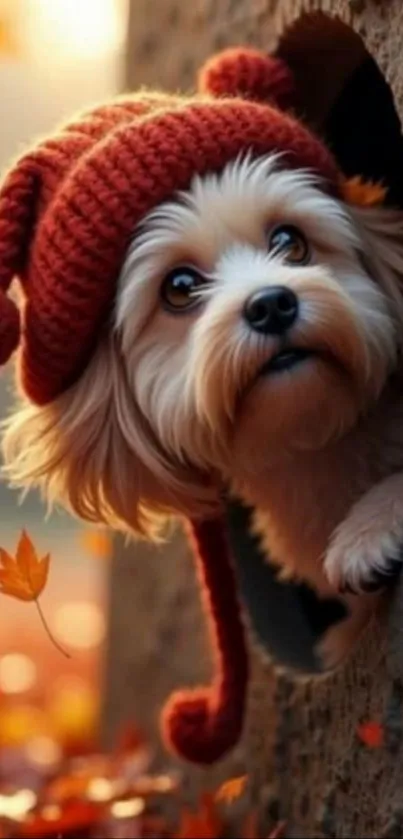 Cute dog wearing red hat peeking through a hole with autumn leaves.