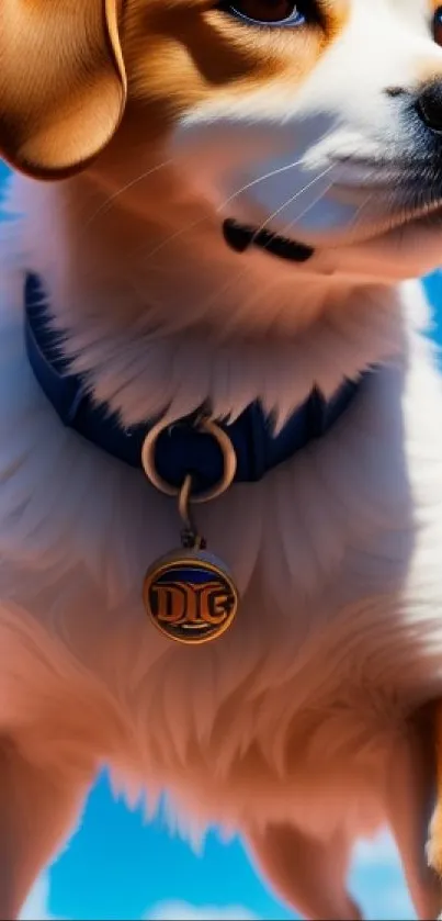 Cute fluffy dog with golden pendant against a bright blue sky.