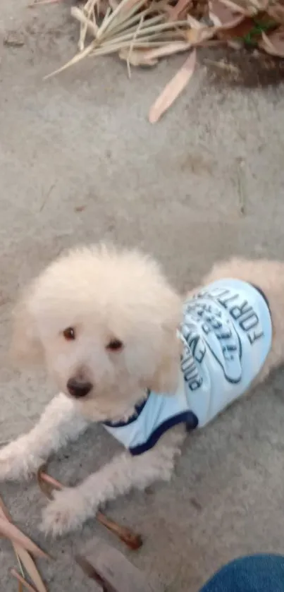 Cute dog wearing a stylish shirt on a light surface.