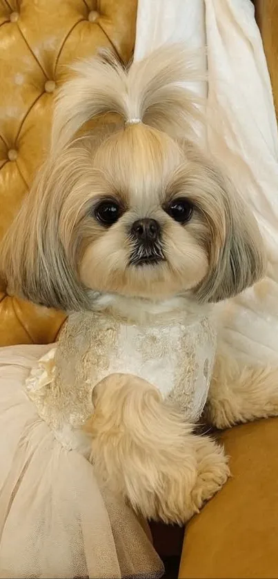 Adorable dog dressed elegantly on a leather chair.