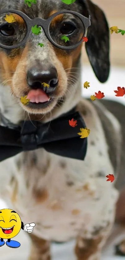 Cute dog with glasses and bow tie surrounded by colorful leaves.