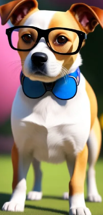 Cute dog wearing glasses and a bow tie with a vibrant background.
