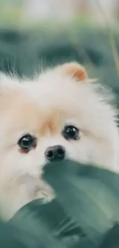 Fluffy puppy peeking through lush green leaves.