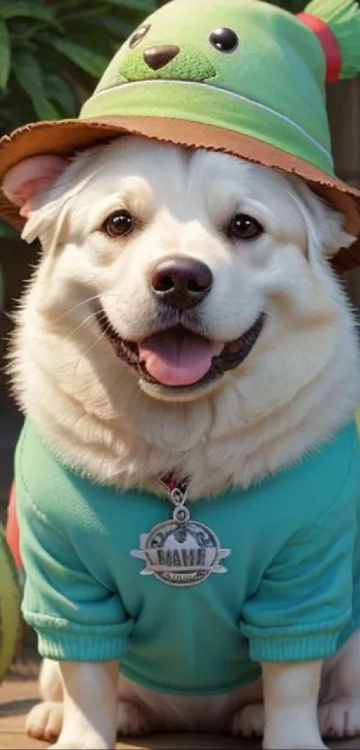 Adorable dog wearing a hat and sweater with a smile on its face.