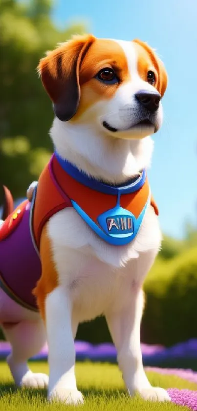 Adorable dog wearing a hero vest in a vibrant garden scene.