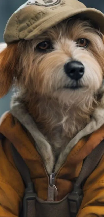 Adorable dog wearing a brown hoodie and hat.