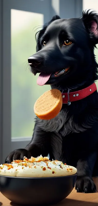 Adorable black dog in kitchen with food bowl and biscuit.