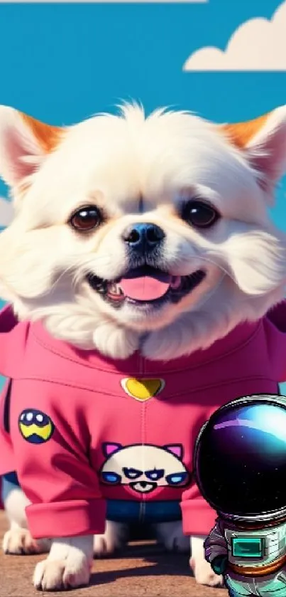 Adorable cartoon dog in space-themed outfit with blue sky background.