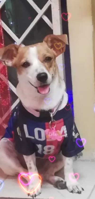 Dog wearing a sports jersey sitting indoors.