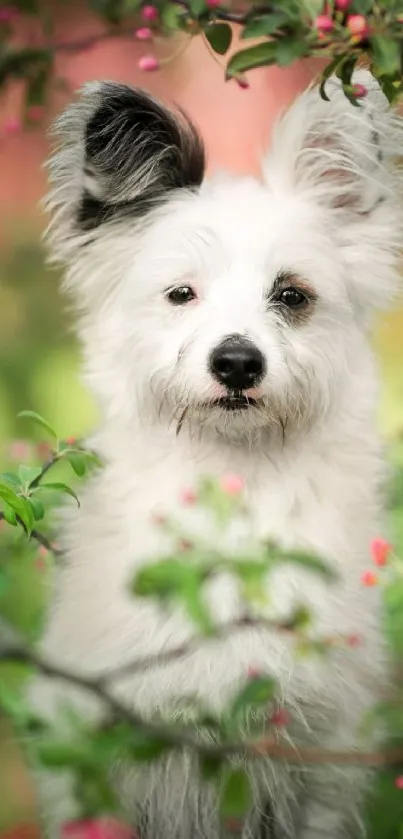 Fluffy white dog surrounded by pink blooms in a spring setting.