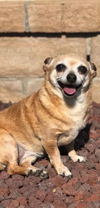 Chihuahua smiling in the sun on a rocky surface with stone wall backdrop.