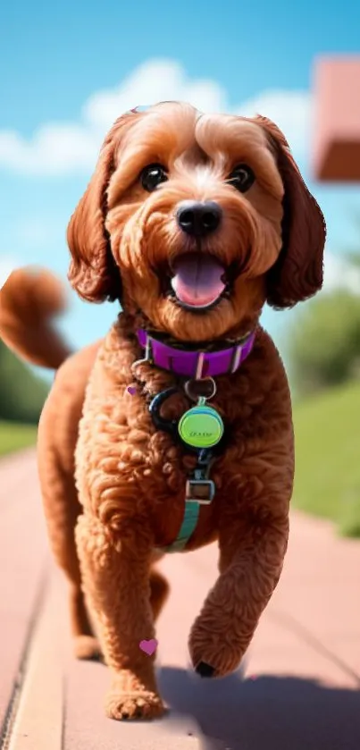 Adorable dog walking in a sunny park with a joyful expression.