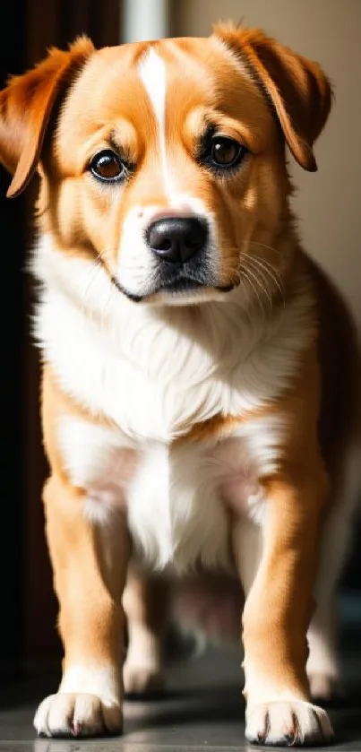 Adorable brown and white puppy standing indoors.