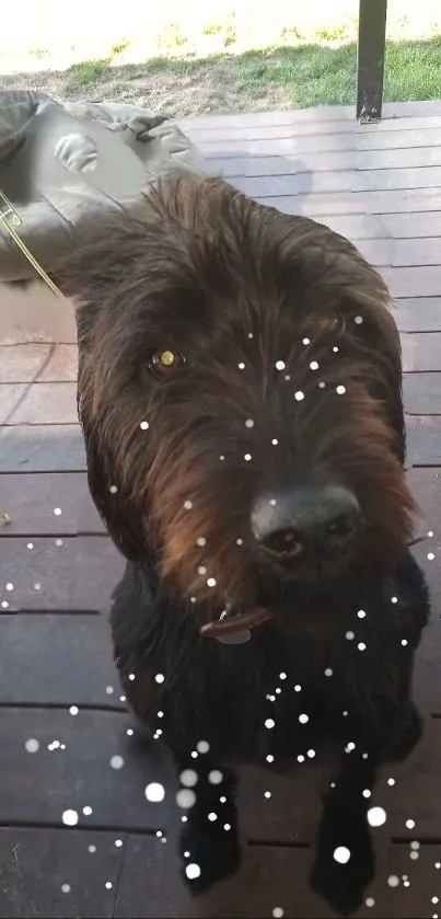 Cute black dog on a wooden porch with playful elements.